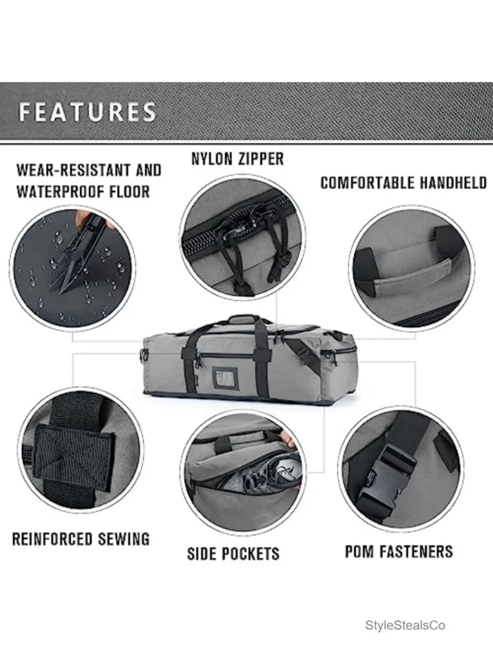 105L Large Duffel Bag - Water Repellent Polyester, Hidden Straps, Shoe
